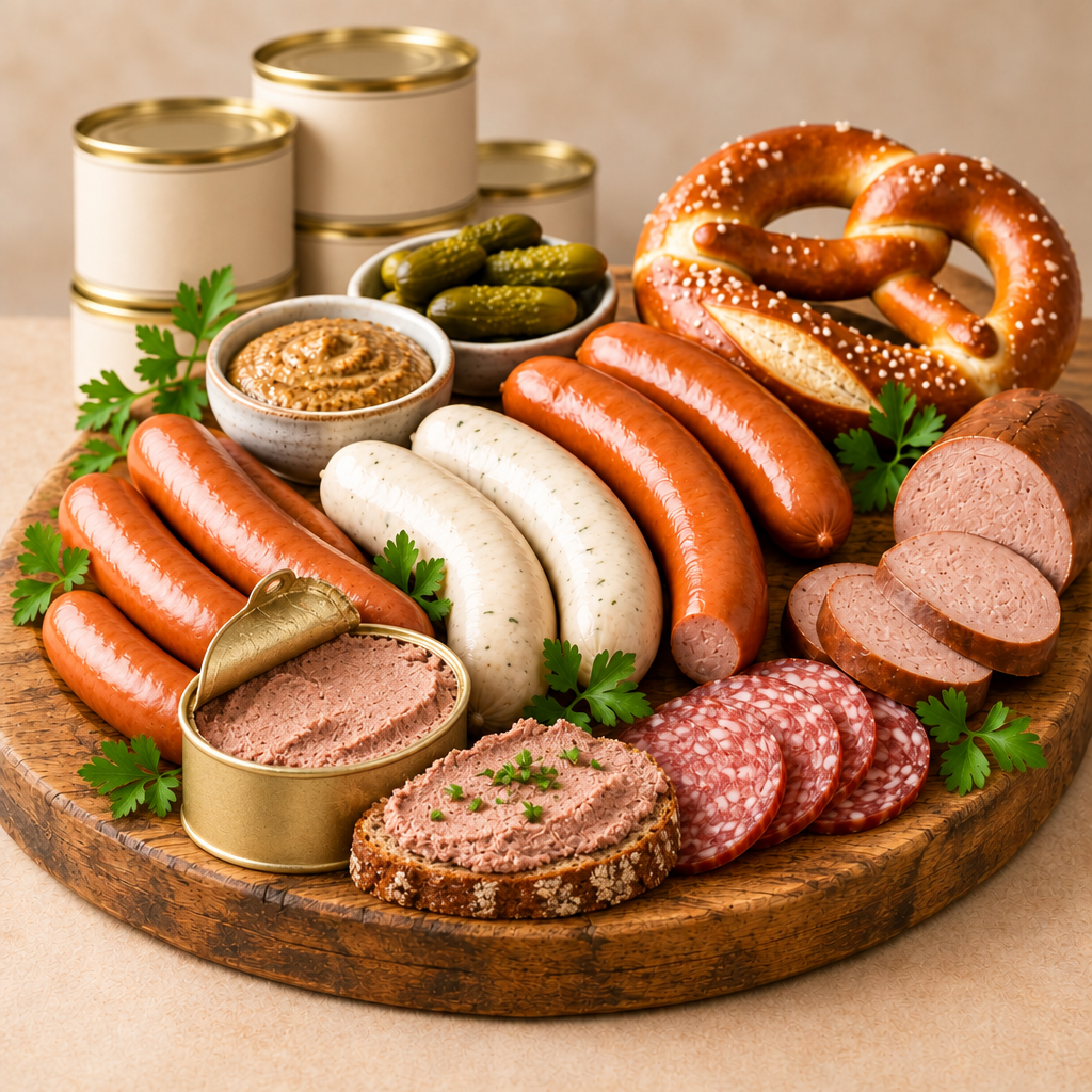 Deutsche Wurstspezialitäten mit Wurstdosen und Leberwurst, ohne Bratwurst
