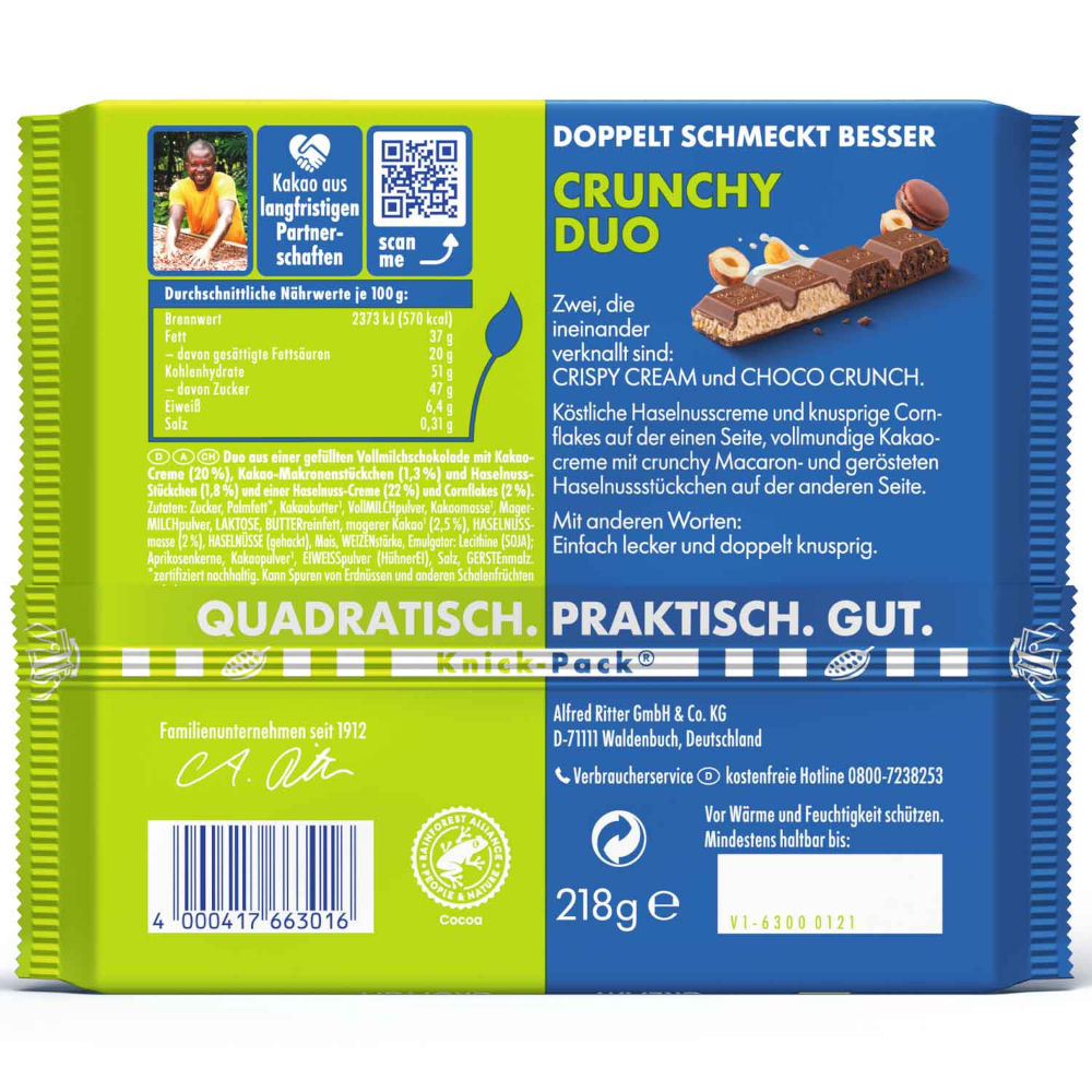 Ritter Sport Schokolade Crunchy Duo 218g / 7.68oz