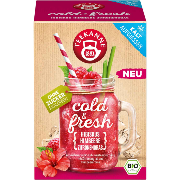 Teekanne cold & fresh Hibiskus Himbeere Zitronengras Biotee 15 Teebeutel