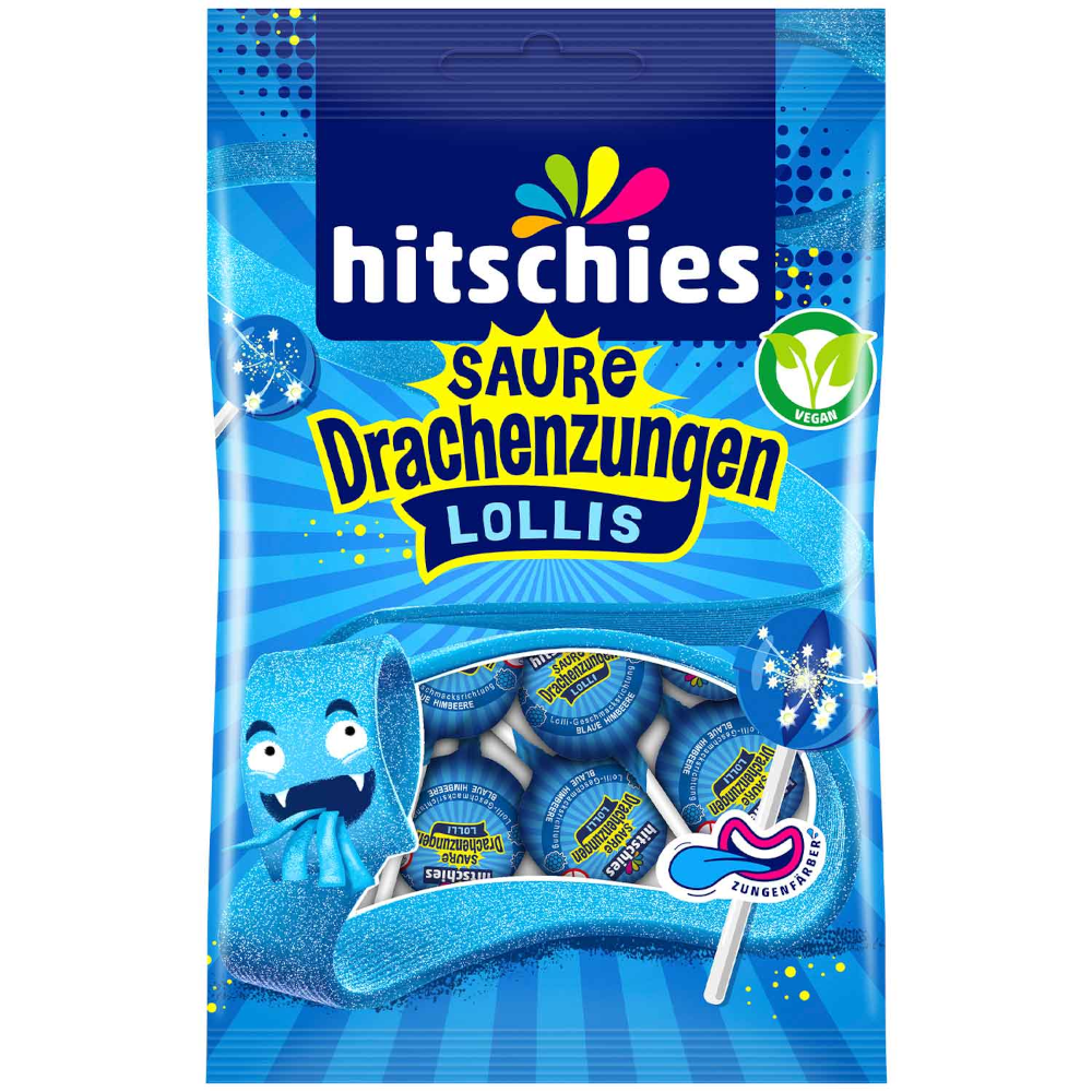 hitschies Saure Drachenzungen Blau Lollis Vegan 128g / 4.51oz