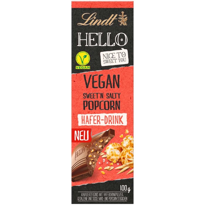 Lindt HELLO Vegan Haferdrink Schokolade Sweet'n Salty Popcorn 100g / 3.52 oz