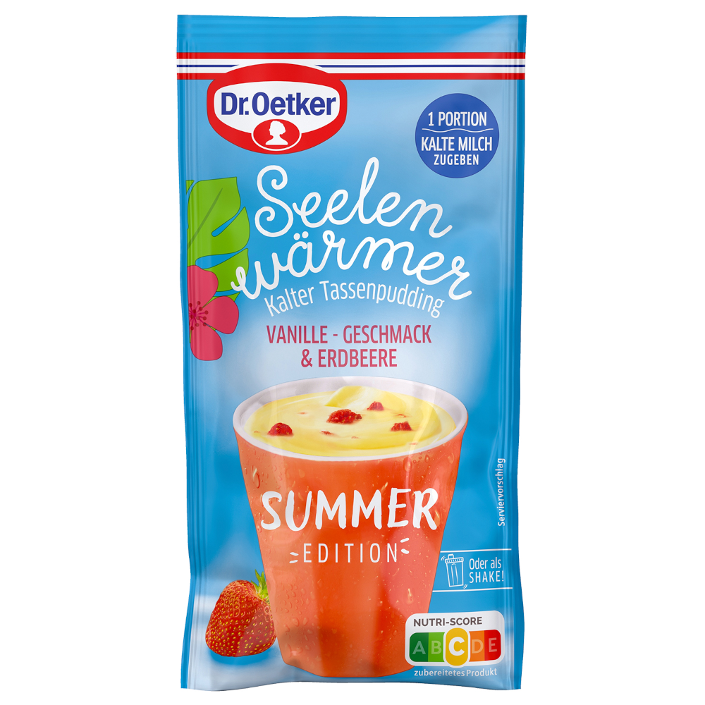 Dr. Oetker Seelenwärmer Vanille & Erdbeere, kalter Tassenpudding 36g