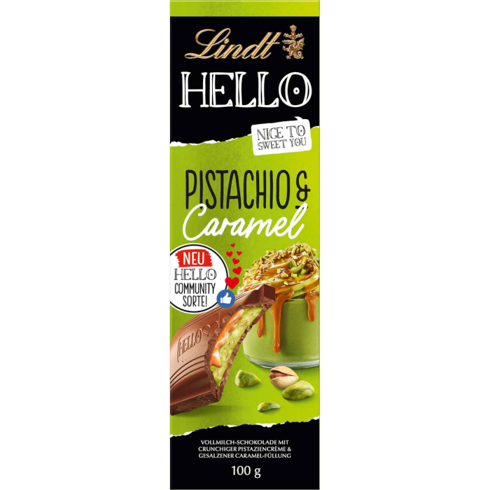 Lindt HELLO Pistachio & Caramel Vollmilch Schokolade 100g / 3.52oz