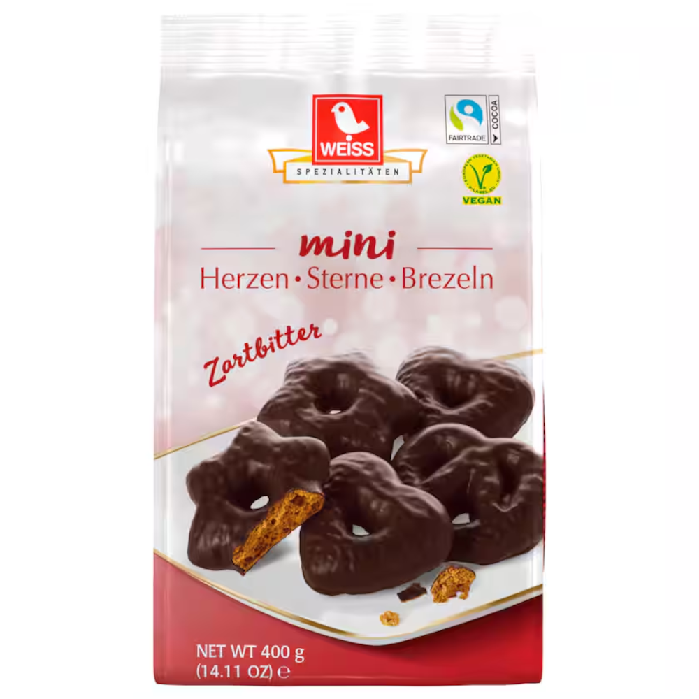Weiss Mini Lebkuchen Herzen Sterne & Brezeln Zartbitter vegan 400g