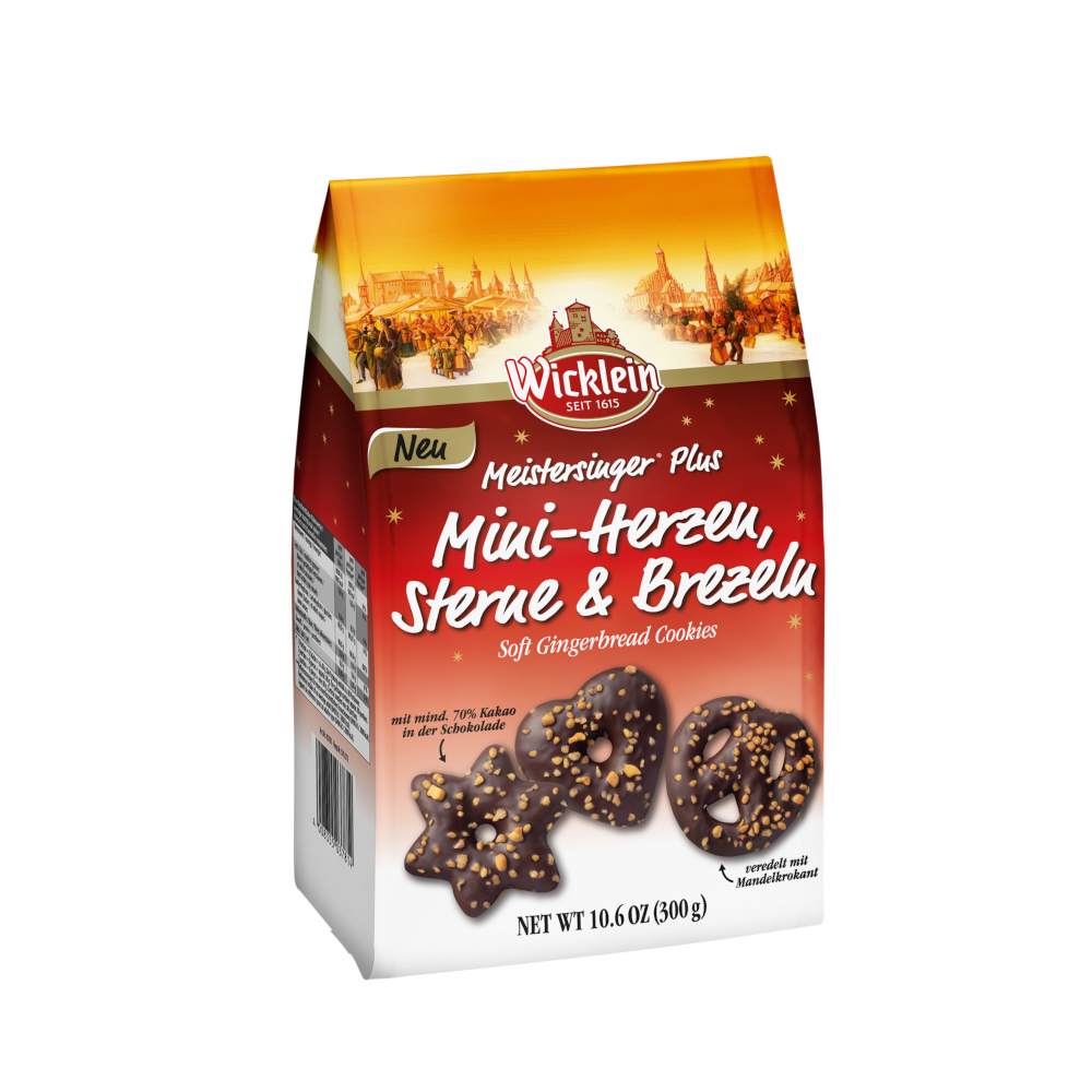 Wicklein Meistersinger Plus Mini Herzen, Sterne & Brezeln Zartbitter 300g