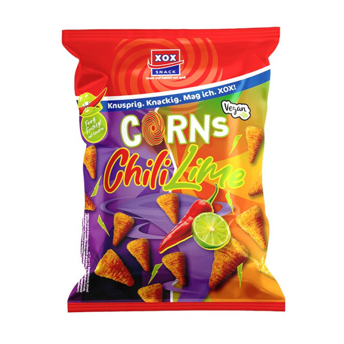 XOX Corns Chili Lime, scharf-fruchtiger Mais Snack, vegan 85g / 3oz