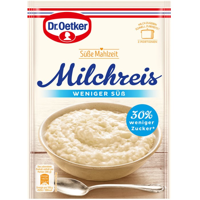 Dr. Oetker Milchreis weniger süß mit 30% weniger Zucker 112g